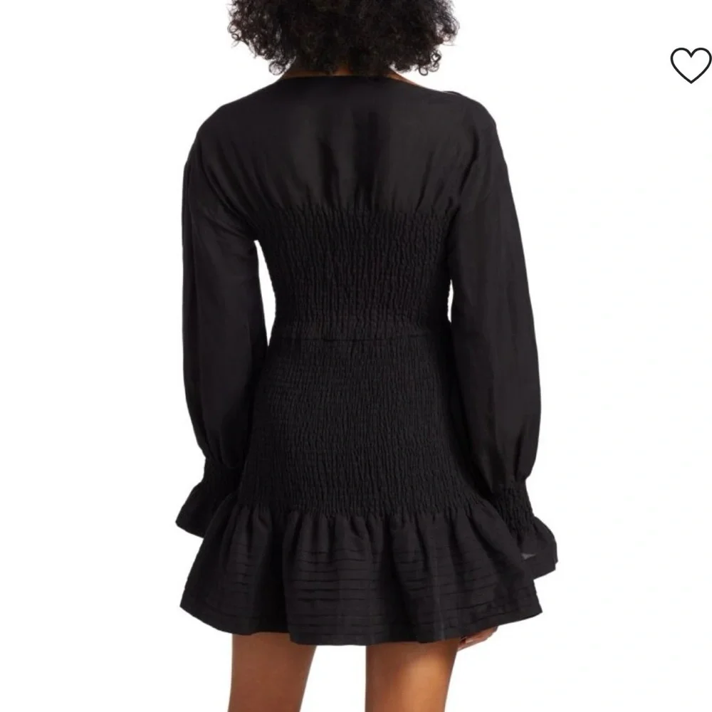 Derek Lam Collective Black Smocked Long Sleeve Ruffle Hem Cotton Mini Dress